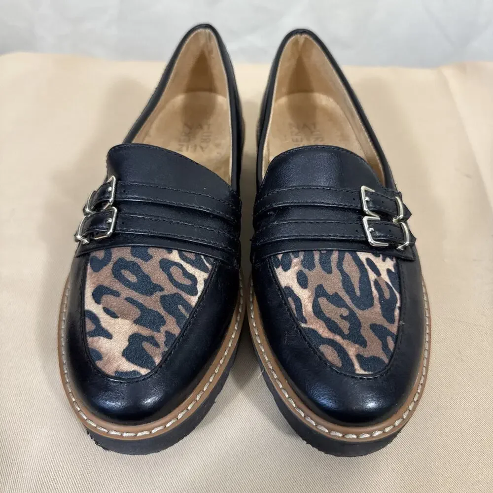 Naturalizer Morrison Loafers Womens 8.5 Black Leopard Double Buckle Lug Sole